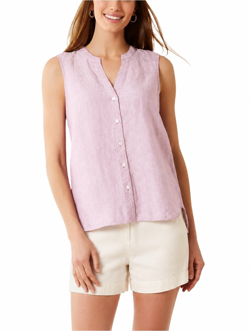 Tommy Bahama Sleeveless Button-Front Linen Top in Light Pink Large